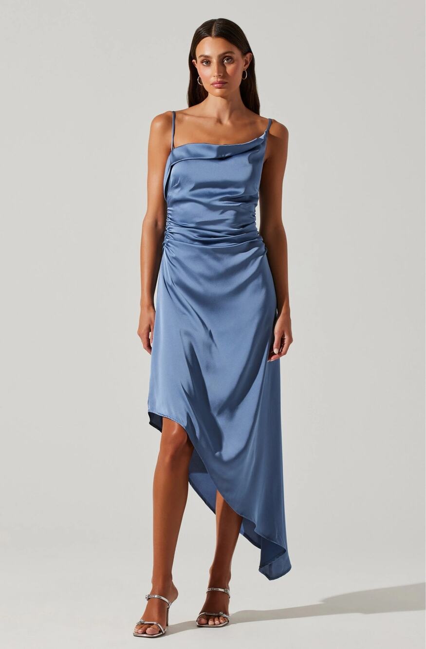 ASTR The Label Dress SZ Medium NEW Mirie Slate Blue Satin Asymmetrical Cowl NWOT